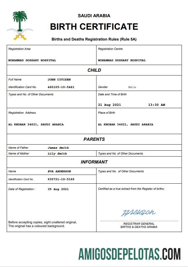 Imprimível modelo Word e PDF de certidão de nascimento da Arábia Saudita